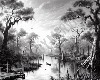 Rustic Louisiana Bayou Scene: Laser Engrave PNG (Digital File)