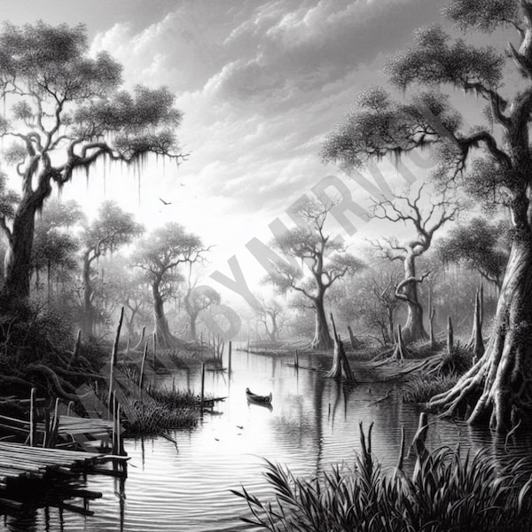 Laser Engrave PNG - Louisiana Rustic Bayou Scene 1 / Laser Ready / PNG for Engraving /  PNG Burn / Laser Engrave Image / Digital File