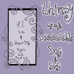 Puede incluir: Un gráfico digital que presenta un marco rectangular con líneas curvas. El texto dice: Whimsy cut-outs downloadable, 41 files & over 75 Assets in both Png & Svg. El diseño utiliza líneas negras sobre un fondo de color violeta claro.