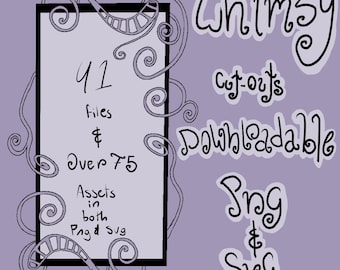 Op de afbeelding: Een digitale afbeelding met een rechthoekig kader en krullende lijntekeningen. De tekst luidt: Whimsy cut-outs downloadable, 41 files & over 75 Assets in both Png & Svg. Het ontwerp gebruikt zwarte lijnen op een lichtpaarse achtergrond.