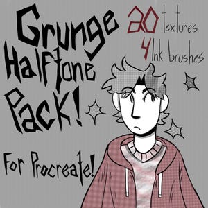 Puede incluir: Paquete de arte digital para Procreate con texturas grunge de semitonos y pinceles de tinta. La imagen muestra una ilustración de dibujos animados de una persona con una sudadera con capucha roja, con el texto "Grunge Halftone Pack!" y "20 textures 4 ink brushes."