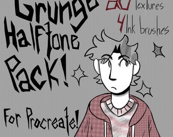 Op de afbeelding: Digitaal kunstpakket voor Procreate met grunge halftone texturen en inktpenselen. De afbeelding toont een cartoon illustratie van een persoon met een rode hoodie, met de tekst "Grunge Halftone Pack!" en "20 textures 4 ink brushes."