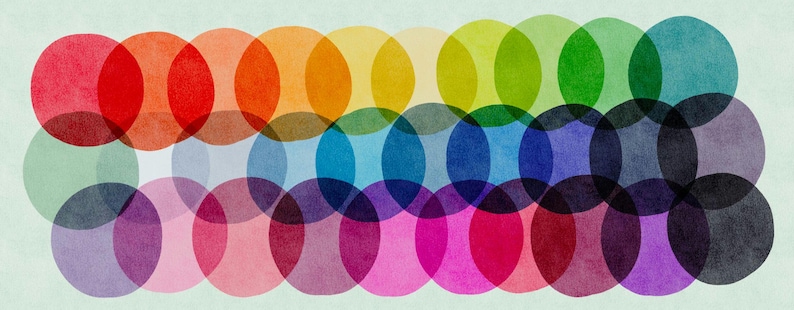 Puede incluir: Obra de arte abstracta con c&iacute;rculos trasl&uacute;cidos superpuestos en un espectro de colores. Los c&iacute;rculos var&iacute;an del rojo, naranja y amarillo al verde, azul y morado, creando un efecto vibrante y en capas sobre un fondo verde claro.