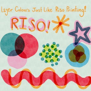 Puede incluir: Ilustraci&oacute;n colorida con el texto "Layer Colours Just Like Riso Printing!" y "RISO!". La imagen presenta formas superpuestas en varios colores, incluyendo rojo, rosa, azul, verde y naranja, creando un efecto de capas.