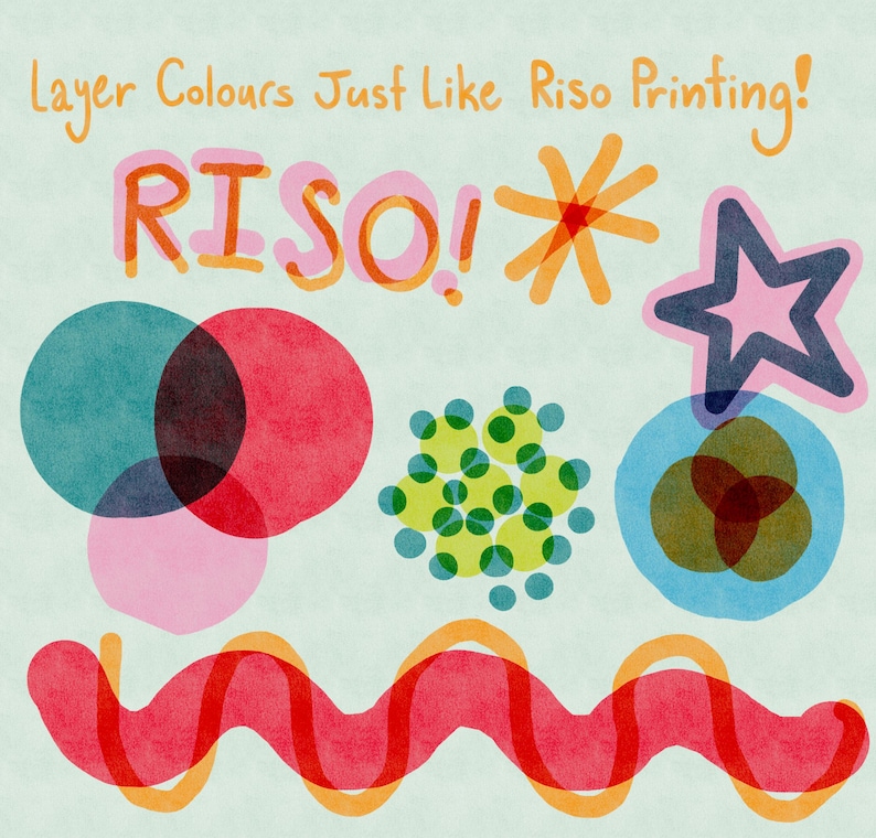 Puede incluir: Ilustraci&oacute;n colorida con el texto "Layer Colours Just Like Riso Printing!" y "RISO!". La imagen presenta formas superpuestas en varios colores, incluyendo rojo, rosa, azul, verde y naranja, creando un efecto de capas.