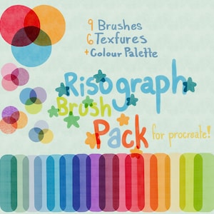 以下が含まれることがあります： さまざまな色で「9 Brushes、6 Textures + Colour Palette」と「Risograph Brush Pack for Procreate！」というテキストが書かれたデジタルアートグラフィック。画像には、重なり合う円とカラフルなグラデーションバーが表示されています。