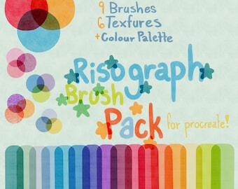Op de afbeelding: Een digitale kunstafbeelding met de tekst "9 Brushes, 6 Textures + Colour Palette" en "Risograph Brush Pack for Procreate!" in verschillende kleuren. De afbeelding toont overlappende cirkels en een kleurrijke verloopbalk.