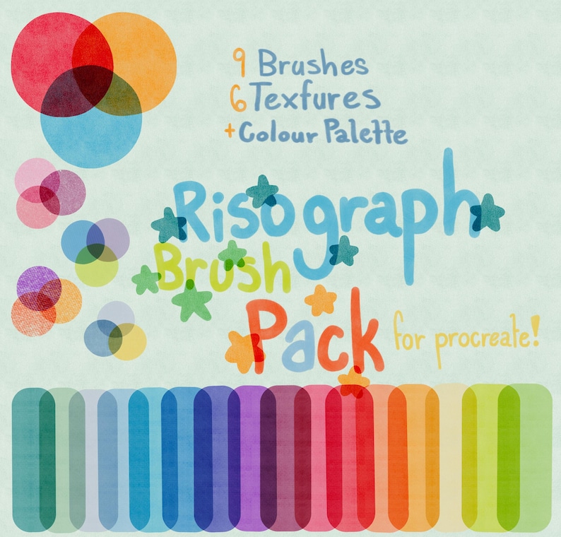 Puede incluir: Gr&aacute;fico de arte digital con el texto "9 Brushes, 6 Textures + Colour Palette" y "Risograph Brush Pack for Procreate!" en varios colores. La imagen presenta c&iacute;rculos superpuestos y una barra de degradado colorida.