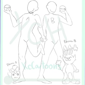 Puede incluir: Un dibujo de líneas en blanco y negro de una plantilla de tarjeta coleccionable titulada TAG TEAM con 350 HP. Presenta dos figuras humanas sin rostro etiquetadas como A y B tomadas de la mano, cada una con una esfera, y dos bocetos de criaturas.