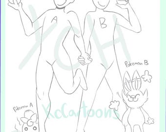 Op de afbeelding: Een zwart-witte lijntekening van een ruilkaart-sjabloon met de titel TAG TEAM en 350 HP. Het toont twee gezichtsloze menselijke figuren gelabeld A en B die elkaars hand vasthouden, elk met een bol, en twee schetsen van kleine wezens gelabeld Pokemon A en B.