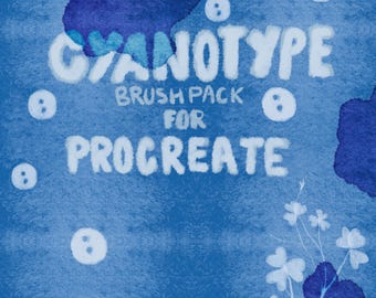 Op de afbeelding: Blauwe digitale kunstafbeelding met de tekst "CYANOTYPE BRUSH PACK FOR PROCREATE" in het wit, omringd door witte cirkels en blauwe aquarel vlekken. Een bloemenontwerp staat in de rechter benedenhoek.