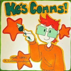 Op de afbeelding: Cartoon illustratie van een personage met rood haar, groene bril en een oranje trui, die een oranje ster schildert met een penseel. De tekst "Kc's Comms!" staat bovenaan en "MORE WORK: KcCartoons.com/myart" onderaan.