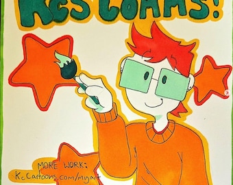 Op de afbeelding: Cartoon illustratie van een personage met rood haar, groene bril en een oranje trui, die een oranje ster schildert met een penseel. De tekst "Kc's Comms!" staat bovenaan en "MORE WORK: KcCartoons.com/myart" onderaan.