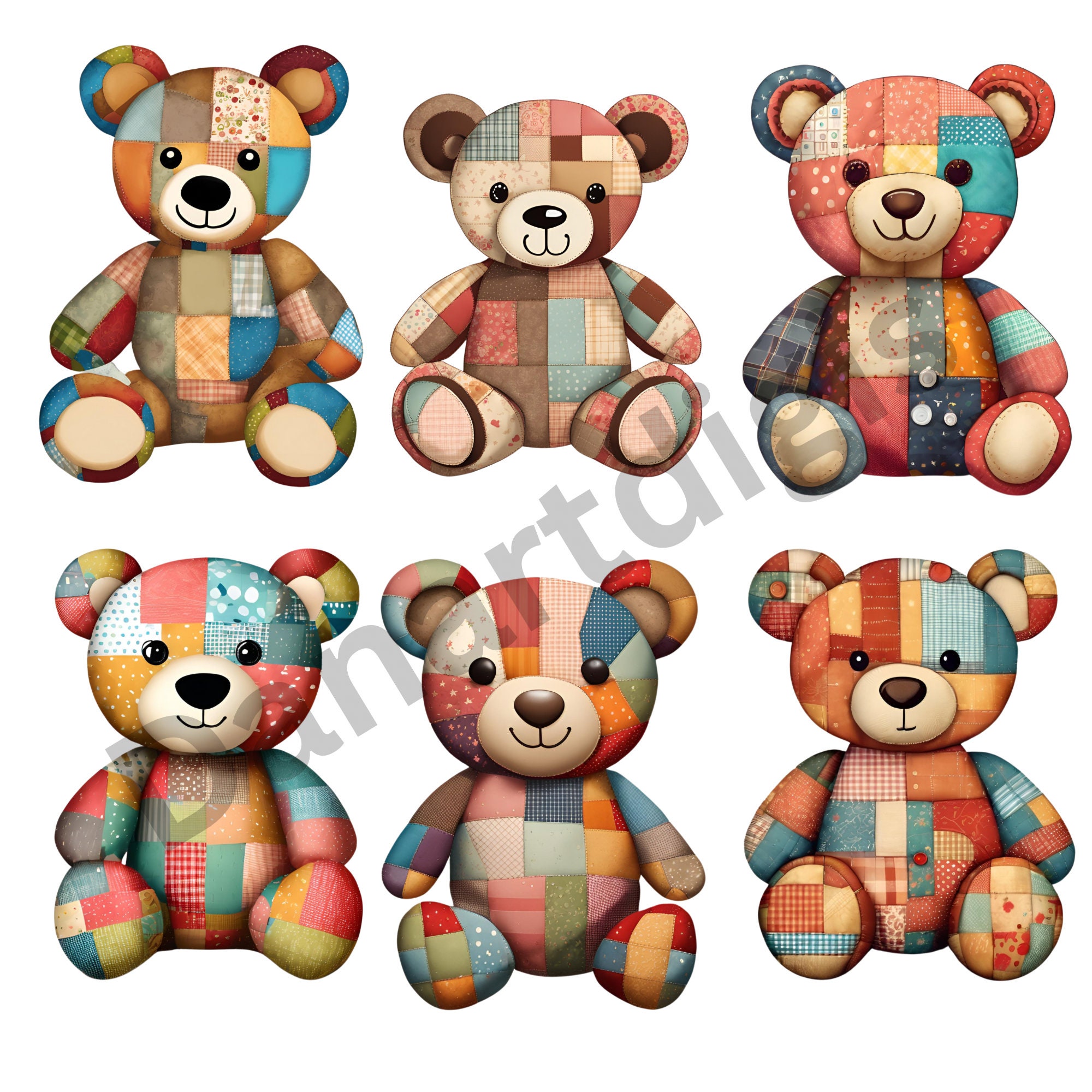 Patchwork Teddy Bears Set Png Cut Files Original Clip Art Images ...