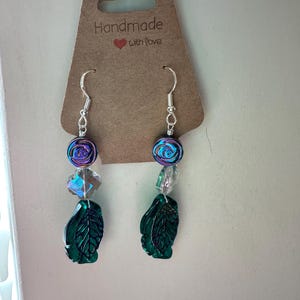 Green and  Iridescent leaf earrings