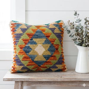 Housse de coussin kilim tissée à la main, coussin vintage en laine bohème, coussin géométrique