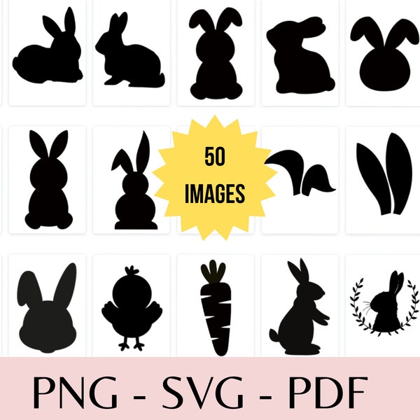 Easter Bunny PNG - Easter PDF - Easter Rabbit SVG - Cut Files - Digital Download - Silhouette - Cute Easter Downloads - 50 Image Bundle