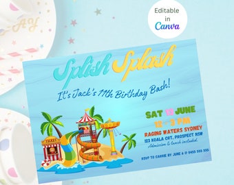 Waterpark party invitation editable template | kids waterpark birthday invitation for girls & boys | bright neon colours