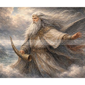 May include: A digital painting of a bearded figure with long white hair and wings, dressed in ornate robes, holding a horn. The background features a cloudy sky and mountains, creating a fantasy or mythological theme.