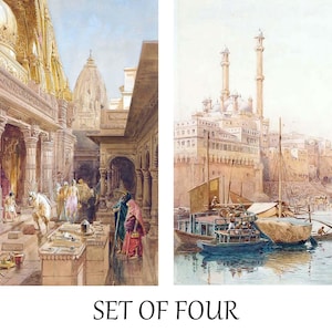 May include: Two watercolor paintings depicting Indian architecture and scenes. One shows a temple complex with figures, the other a waterfront with boats and buildings. The text "SET OF FOUR" is at the bottom.