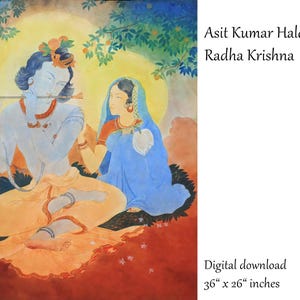 May include: A digital download of a painting titled "Radha Krishna" by Asit Kumar Haldar. The artwork depicts two figures in a serene setting, with one playing a flute. The dimensions are 36 x 26 inches.