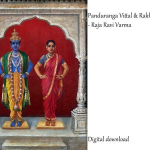 May include: A digital download of a painting titled "Panduranga Vittal & Rakhumaye" by Raja Ravi Varma. The artwork depicts two figures standing in front of a red backdrop. One figure is blue and wears gold and green garments. The other figure wears a red sari.