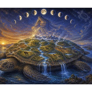 May include: A fantasy illustration of a giant turtle carrying a landscape on its shell, featuring mountains, forests, and waterfalls. Above the turtle, a celestial figure is surrounded by a lunar cycle against a dark, starry night sky.