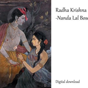 May include: Watercolor painting of Radha Krishna by Nanda Lal Bose. The artwork depicts two figures, a man and a woman, in traditional Indian attire. The man is holding a flute and a flower, while the woman is adorned with jewelry and a flower in her hair. The words "Radha Krishna - Nanda Lal Bose" and "Digital download" are also visible.