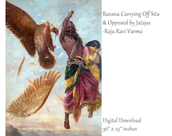 Ravana Carrying off Sita and opposed by Jatayu-Raja, Ravi Varma, 36"x25" inches and below, Vintage Painting, Indian Wall art, Hindu God