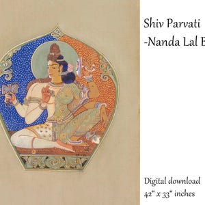 May include: A digital download of a painting titled "Shiv Parvati" by Nanda Lal Bose. The artwork depicts two figures within an ornate, stylized frame. The painting is 42 inches by 33 inches.