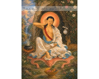 Milarepa Buddhist Wall Art, Tibetan Meditation Master, Himalayan Yogi Print, Cave Hermit Thangka, Spiritual Decor Gift
