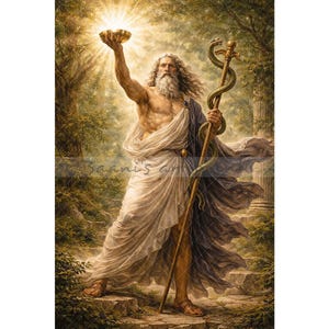Puede incluir: Pintura digital de un hombre barbudo con túnicas blancas y moradas, sosteniendo un cuenco dorado que emite luz. Está de pie con un bastón entrelazado con una serpiente. El fondo presenta un bosque y escalones de piedra.
