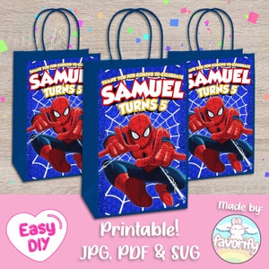 May include: Three blue favor bags with handles, featuring a Spiderman design and the text "Thank you for coming to celebrate Samuel Turns 5".