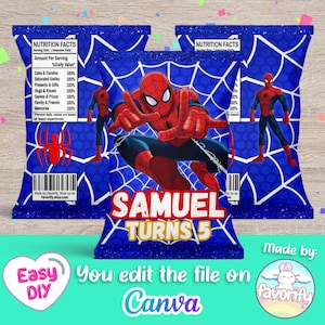 May include: Blue and red printable party favor bags featuring a Spiderman character. The bags have a glittery blue background with a spiderweb design. The text "Samuel Turns 5" is printed on the front of the bags. The bags are designed to be filled with treats and favors for a birthday party.