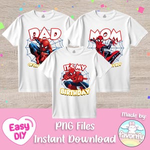 Könnte beinhalten: Drei weiße T-Shirts mit Spiderman-Motiv. Das erste Shirt sagt "Papa des Geburtstagskindes" mit einer Spiderman-Grafik. Das zweite Shirt sagt "Mama des Geburtstagskindes" mit einer Spiderman-Grafik. Das dritte Shirt sagt "Es ist mein Geburtstag" mit einer Spiderman-Grafik.