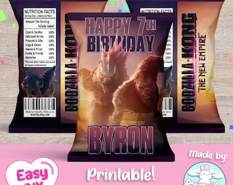 Peut inclure: Conception imprimable de sac de chips mettant en scène Godzilla et Kong du film "Godzilla vs. Kong". Le design est personnalisable avec un nom et un âge. Le texte "Happy 7th Birthday Byron" est inclus dans le design.