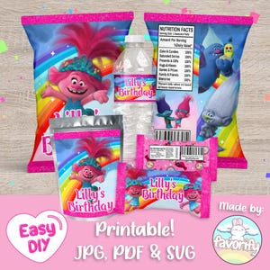 Trolls Birthday Favors Bundle - Chip Bags Wrapper - Krispies Labels - Poppy - Party - Favor Bags - Chips - Digital File - Customizable (PDF)