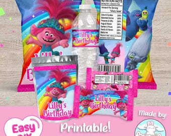 Trolls Birthday Favors Bundle - Chip Bags Wrapper - Krispies Labels - Poppy - Party - Favor Bags - Chips - Digital File - Customizable (PDF)