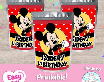 Etiquetas para bolsitas de jugo de cumpleaños de Mickey Mouse: Recuerdos de fiesta personalizables (archivo digital)