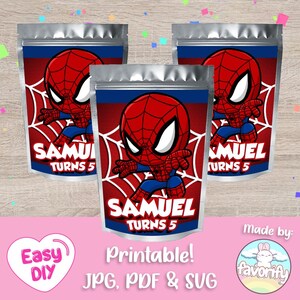 May include: Printable party favor bags featuring a cartoon image of Spiderman. The bags are silver with red and blue accents. The text "Samuel Turns 5" is printed on the bags.