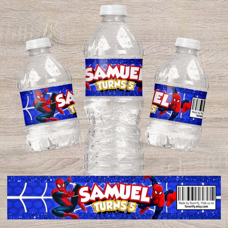 May include: Blue and red water bottle labels with a Spiderman character and the text "Samuel Turns 5".