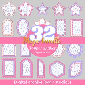 Puede incluir: Una colección digital de 32 formas de toppers shaker con diversos diseños geométricos y festoneados. Cada forma presenta un interior moteado de color violeta claro con bordes superpuestos en rosa y azul. El círculo rosa central muestra el texto 32 Mega bundle Topper Shaker Digital archive, con Digital archive (svg / studio3) en la parte inferior.