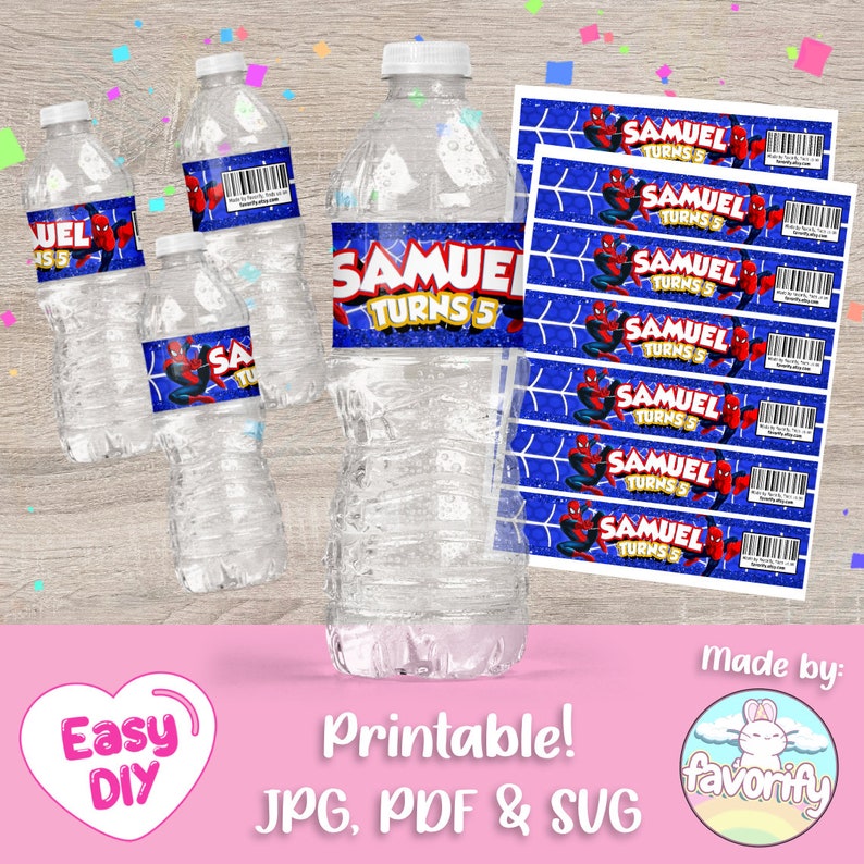 May include: Printable water bottle labels featuring a cartoon Spiderman character with a blue background and the text "Samuel Turns 5".