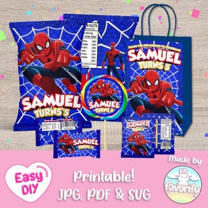 Paquete de obsequios para fiesta de Spiderman: bolsas de regalo, piruletas, caramelos con forma de anillo, bocadillos de frutas, bolsas de papas fritas, Spider-Man, Peter Parker, personalizables (PDF)