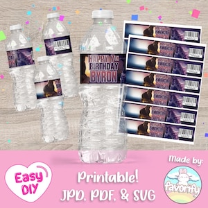 May include: Printable water bottle labels with a purple and blue mountain scene and the text "Happy 7th Birthday Byron".