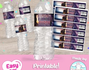 May include: Printable water bottle labels with a purple and blue mountain scene and the text "Happy 7th Birthday Byron".