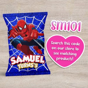 May include: A blue and red chip bag with a Spiderman character design. The bag has a white border with glitter and says "Samuel Turns 5". A pink heart with the text "Search this code on our store to see matching products!" and the code "SM101" are in the background.