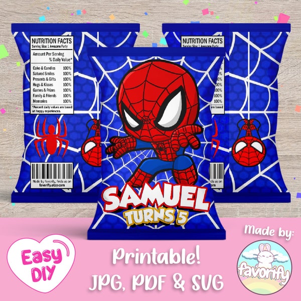 Spiderman Chip Bags Wrapper - Spider-Man - Chibi - Baby Spidey - Peter Parker - Favor Bags - Digital File - Customizable (PDF, JPG & SVG)