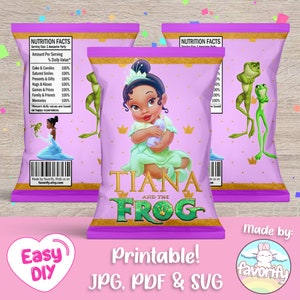 May include: Printable party favor bag design featuring Tiana from Disney's The Princess and the Frog. The design features a purple background with gold accents, a cartoon image of Tiana as a baby, and the text "Tiana and the Frog".