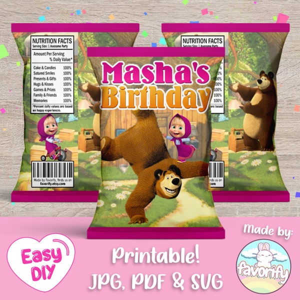 Masha and The Bear Chip Bags Wrapper - Masha Party - Masha Birthday - Favor Bags - Chips - Digital File - Customizable (PDF, JPG & SVG)